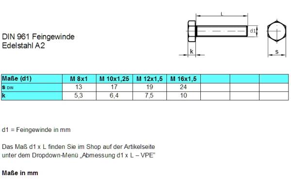 DIN 961 | Feingewindeschraube | Edelstahl A2 | seimatec