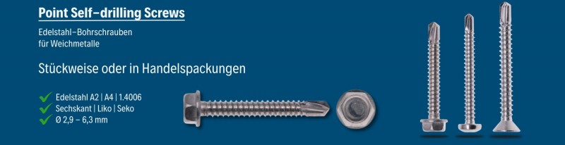 Bohrschrauben aus Edelstahl Sechskantkopf | Senkkopf | Linsenkopf