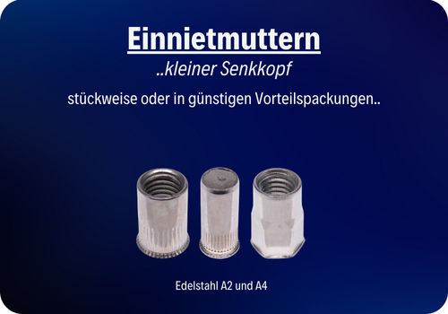 Einnietmutter kleiner Senkkopf Edelstahl A2 und A4