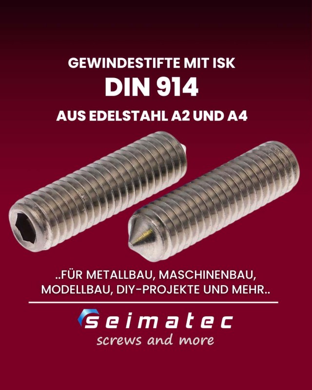 DIN 914 Gewindestifte mit Innensechskant und Spitze aus Edelstahl A2 und A4