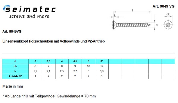 Linsensenkkopf Holzbauschraube mit verst. Kopf und Vollgewinde PZ Edelstahl A2 - FH-DIY