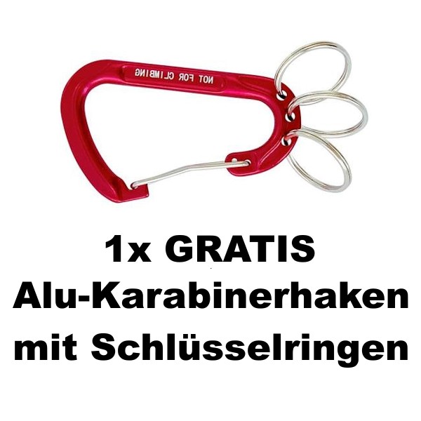 1 x GRATIS Alu-Karabinerhaken mit Schlüsselringen Alu/Stahl 76x45mm rot